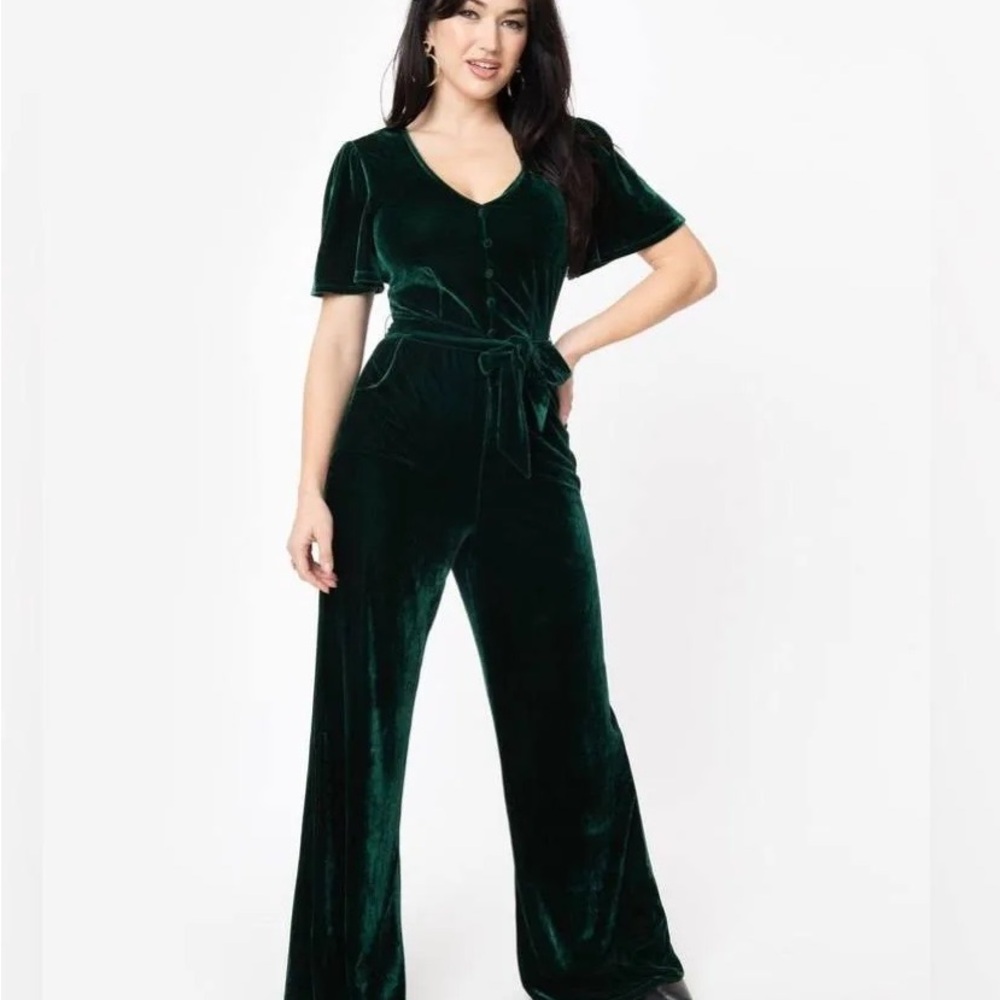 Unique Vintage Dark Green Velvet Jumpsuit